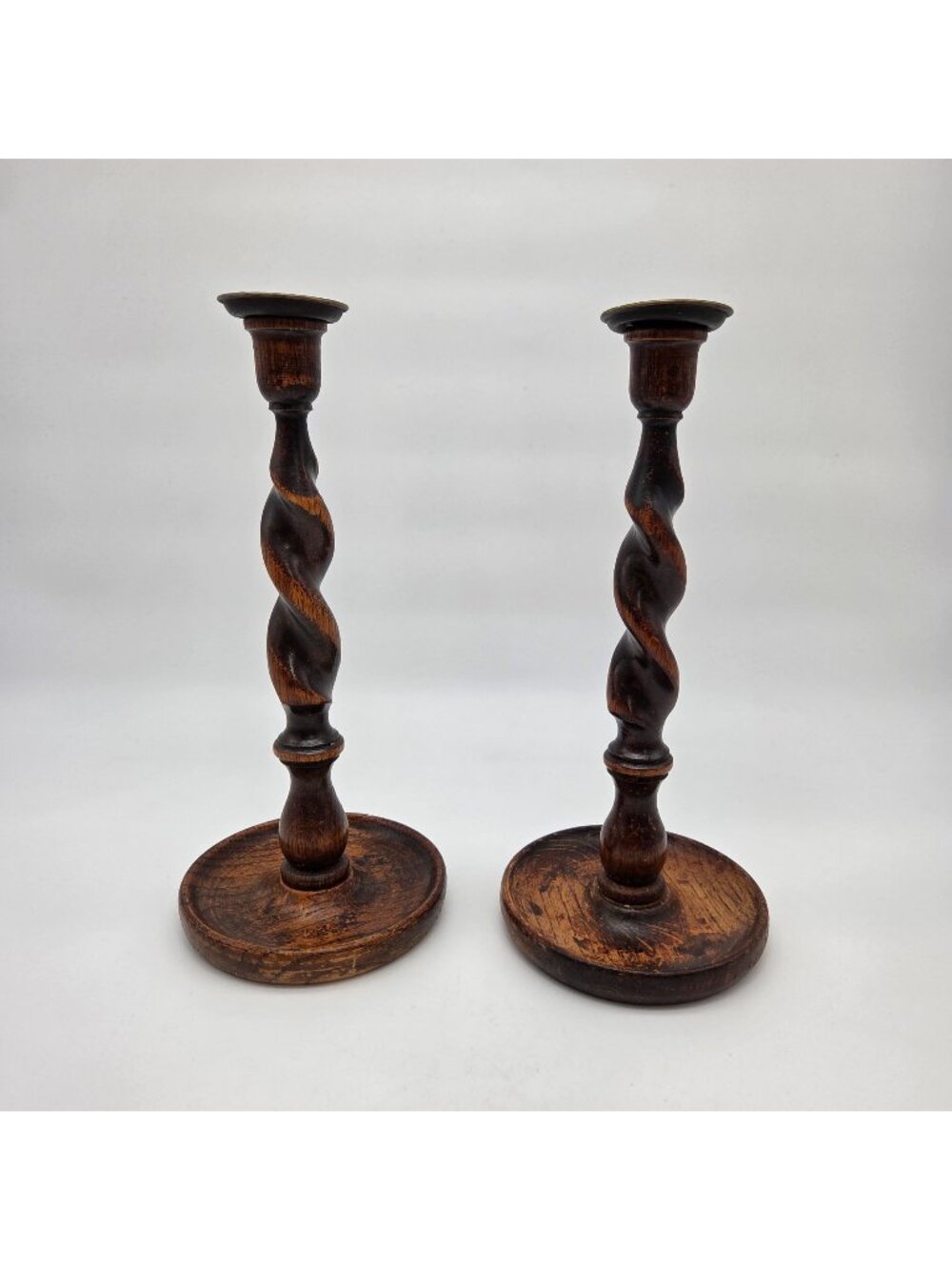 Pair Of Antique English Wooden Barley Twist Candle Holders